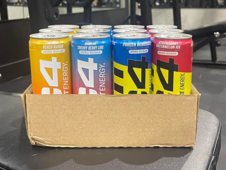 c4 energy drinks in cardboard case in gym