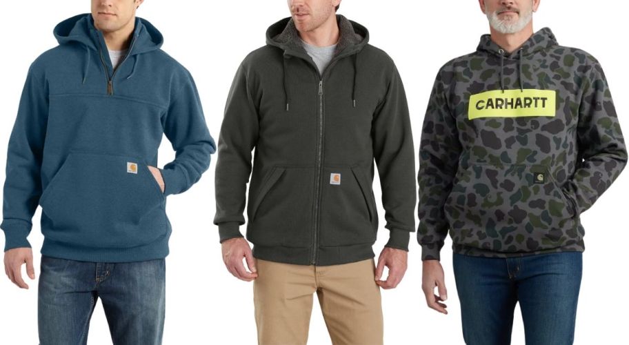 3 men wearing carhartt hoodies