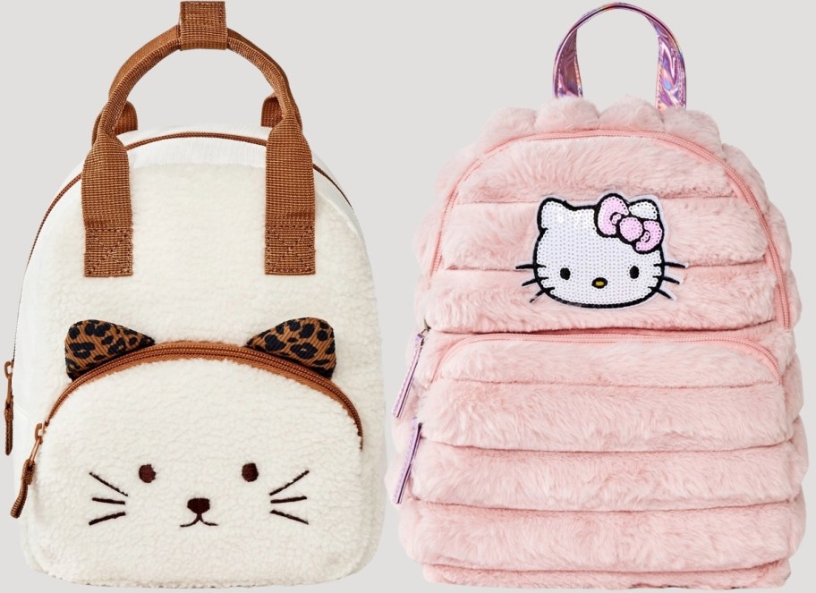 a kitty themed baclpack and a furry hello kitty backpack