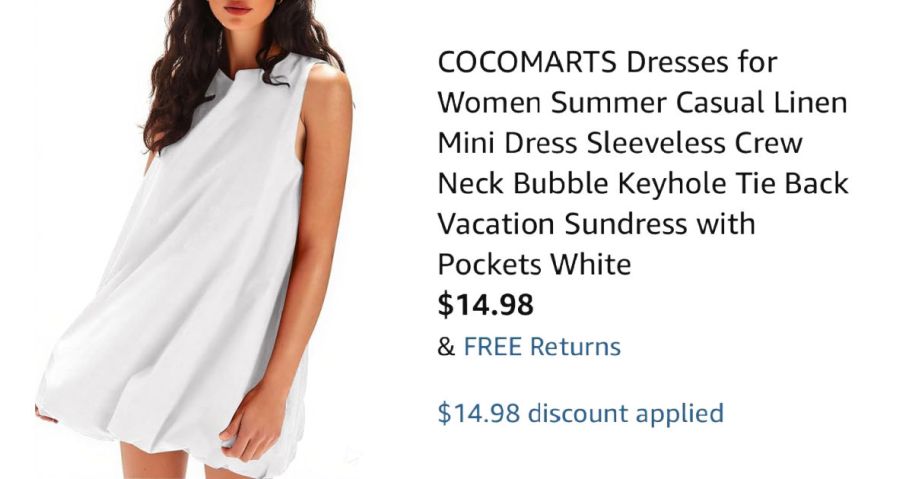 woman wearing white dress next to Amazon pricing information