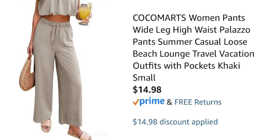 woman wearing tan pants next to Amazon pricing information
