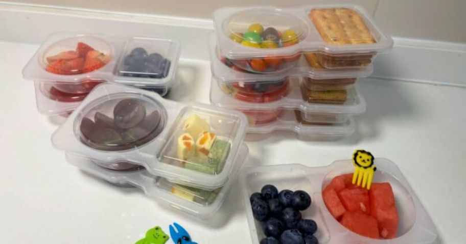 snack containers filled with snacks on counter