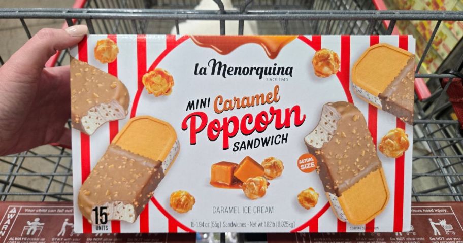 La Menorquina Mini Caramel Popcorn Sandwich box in cart in store
