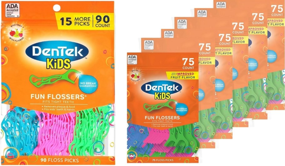single and multipacks of dentek kids flossers