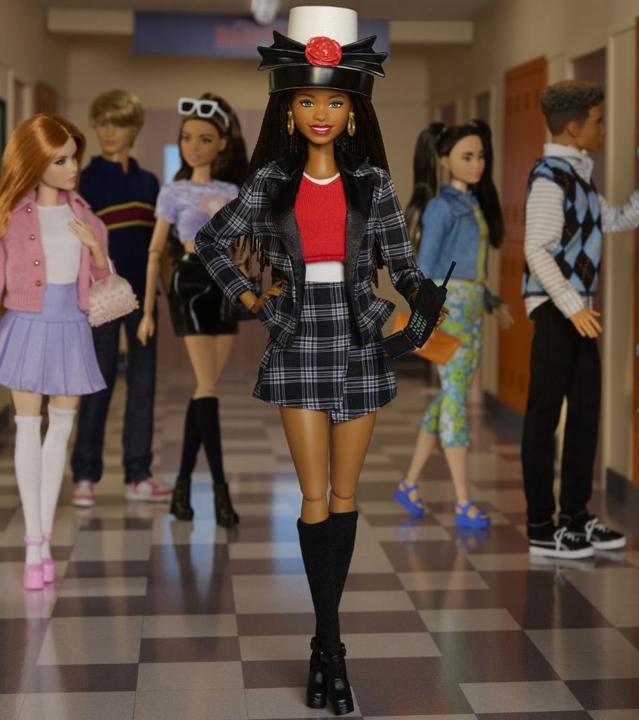 a dionne barbie doll in her signature plaid suit in a school hallway