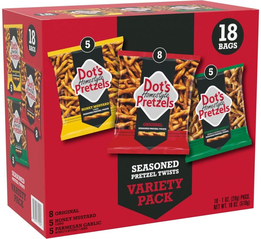 an 18 count variety box of pretzels twist in 1oz bags