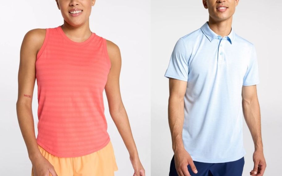 a wonam in a tank top and a man is a polo shirt
