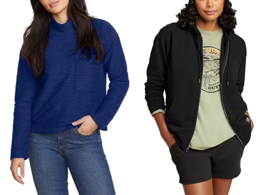 woman wearing blue eddie bauer sweater and woman wearing black eddie bauer zip up