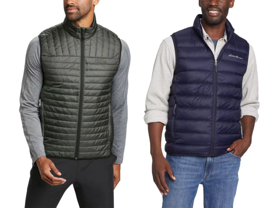 man wearing gray Eddie Bauer vest and man wearing blue Eddie Bauer vest