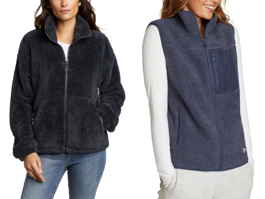 woman wearing black fleece eddie bauer jacket and woman wearing blue fleece eddie bauer vest