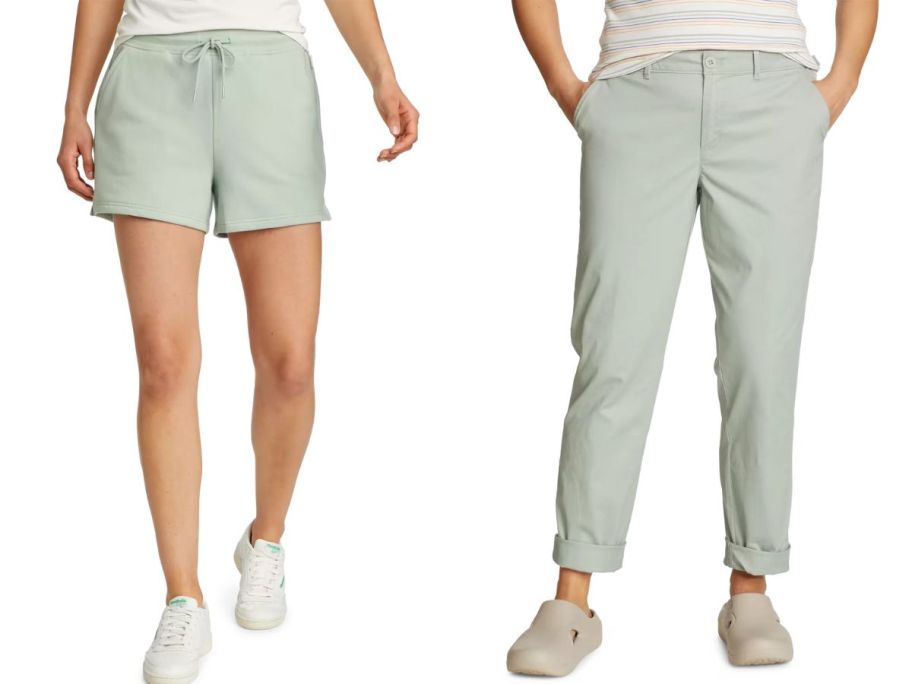 woman wearing green eddie bauer fleece shorts and woman wearing green eddie bauer fleece pants