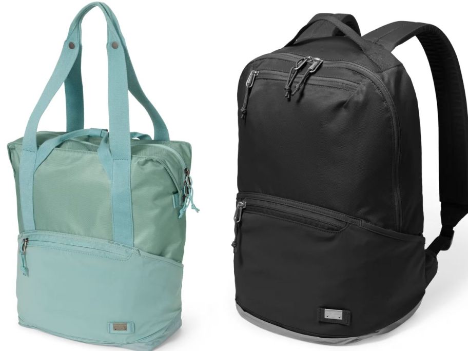 aqua Eddie Bauer tote bag and black Eddie Bauer backpack