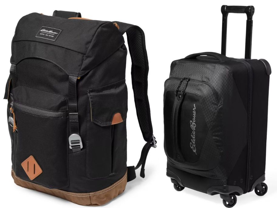 black Eddie Bauer backpack and rolling luggage