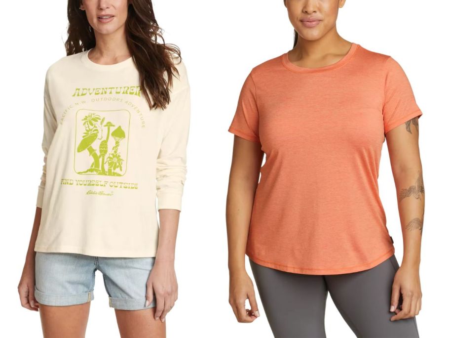 woman wearing graphic tee and woman wearing orange top