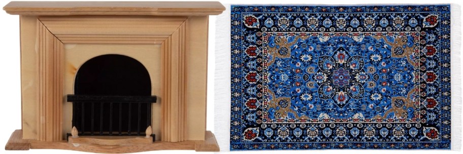 a mini wooden fireplace mantle and a mini persina rug