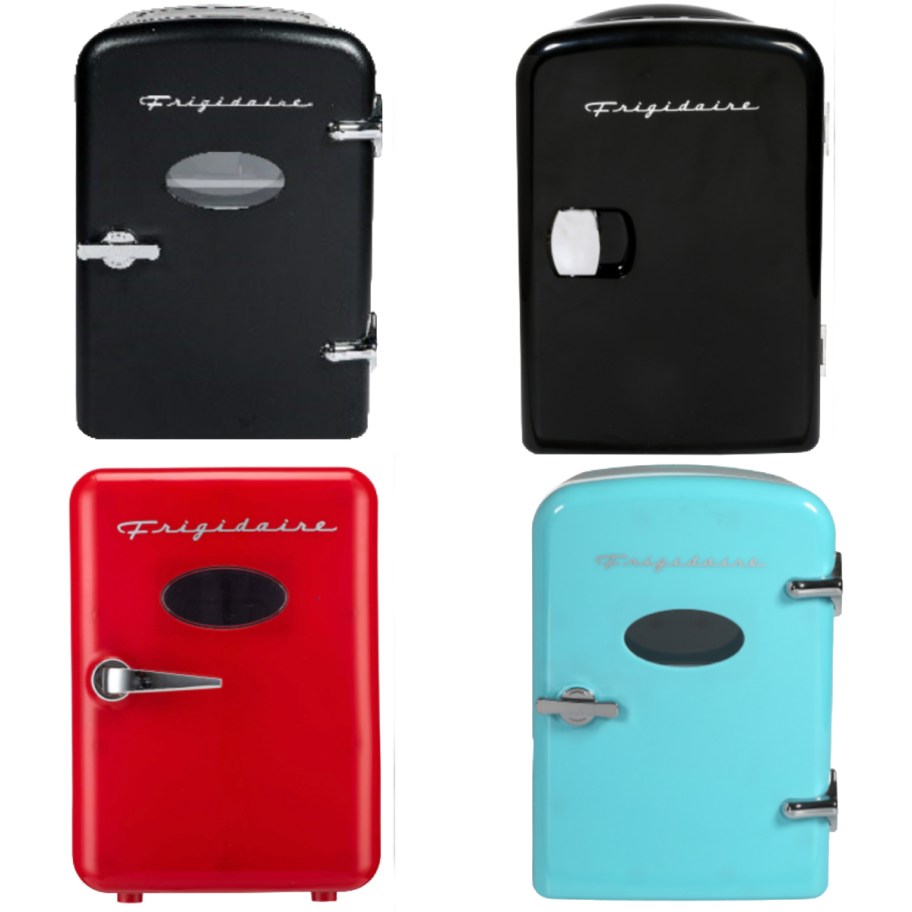 two black mini fridges, red, and blue
