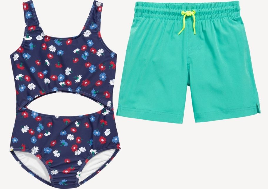 a girls one piece swimsuit and a PAIR OF boys swim trunks