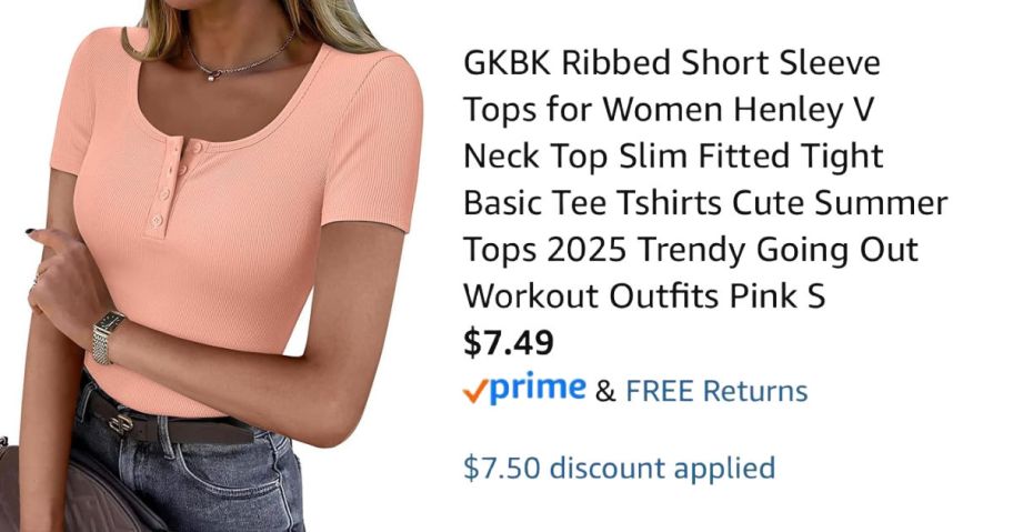 woman wearing peach colored shirt next to Amazon pricing information