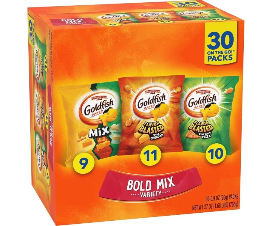 a 30 count variety box of goldfish crackers
