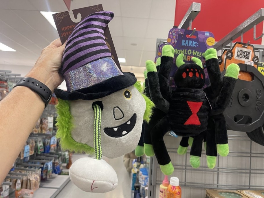 womans hand holding up a dog toy