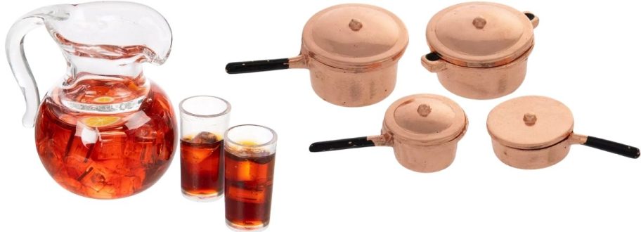 a mini tea pitcher and glasses shown with a mini set of copper pots