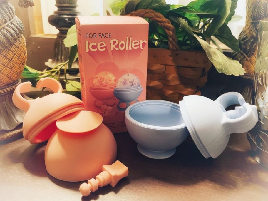 a pink and a blue ice facial roller in front of box and plant on table