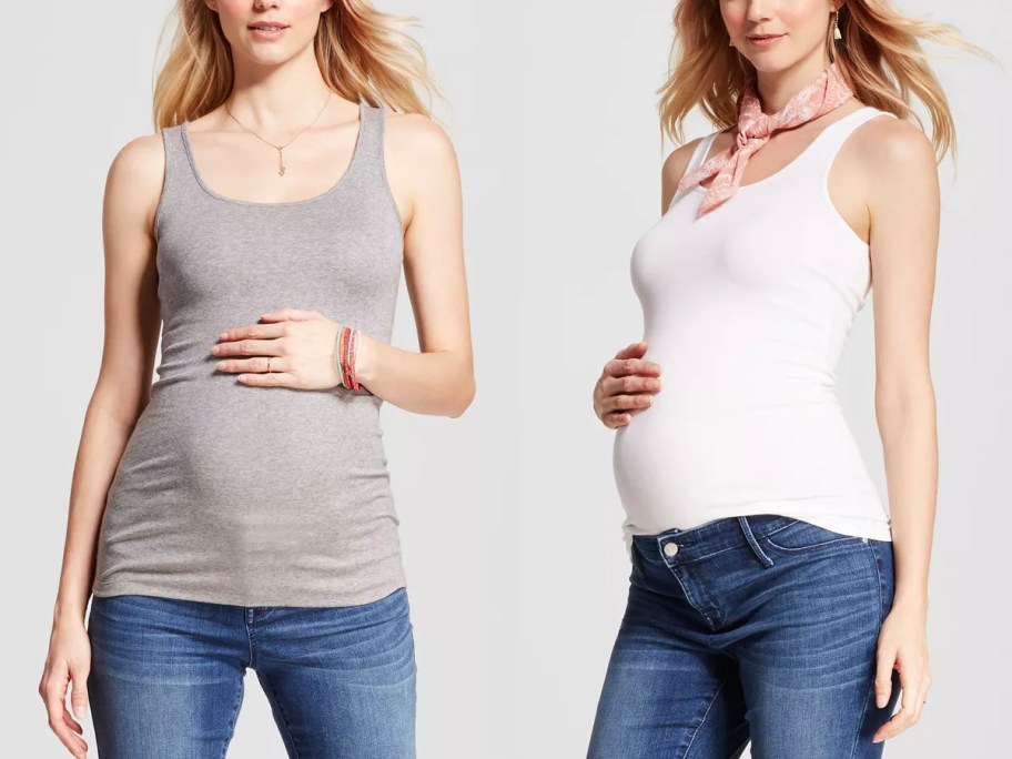 two women wearing gray and white tank tops 