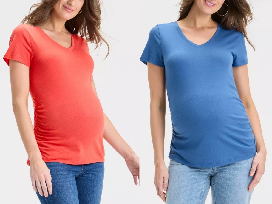 women wearing red and blue tees