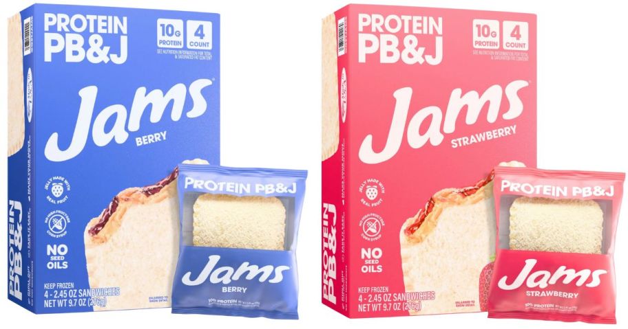 two Jams Protein Peanut Butter & Jelly Sandwich boxes with sandwiches in front of them