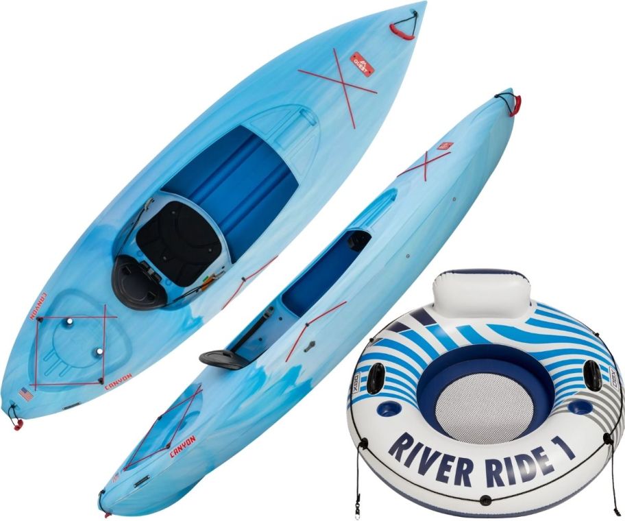a kayak and a river floatie