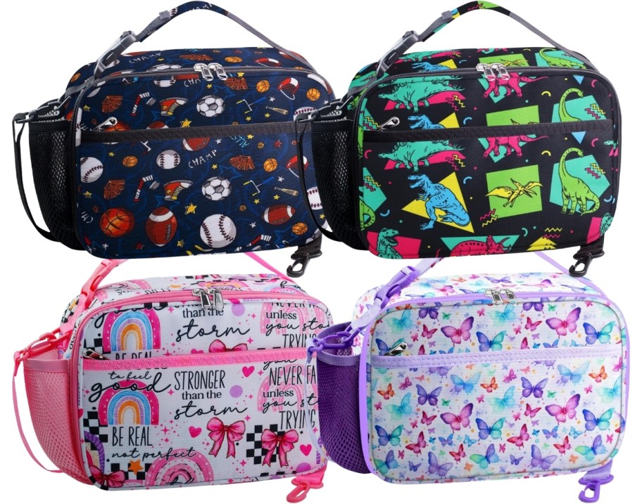 four lunch bags in fun graphic prints