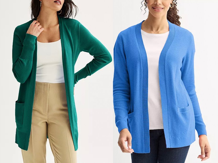 two women wearing green and blue cardigans