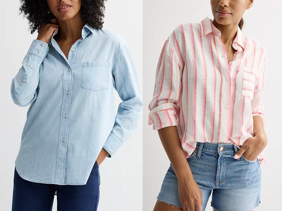 two women wearing blue and pink buttondowns 
