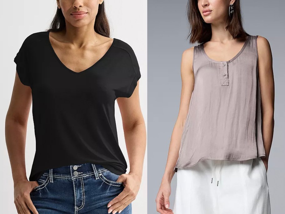 two women wearing black and brown tops
