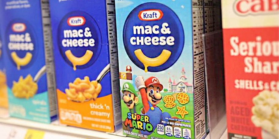 super mario mac and cheese boxe on shelf 