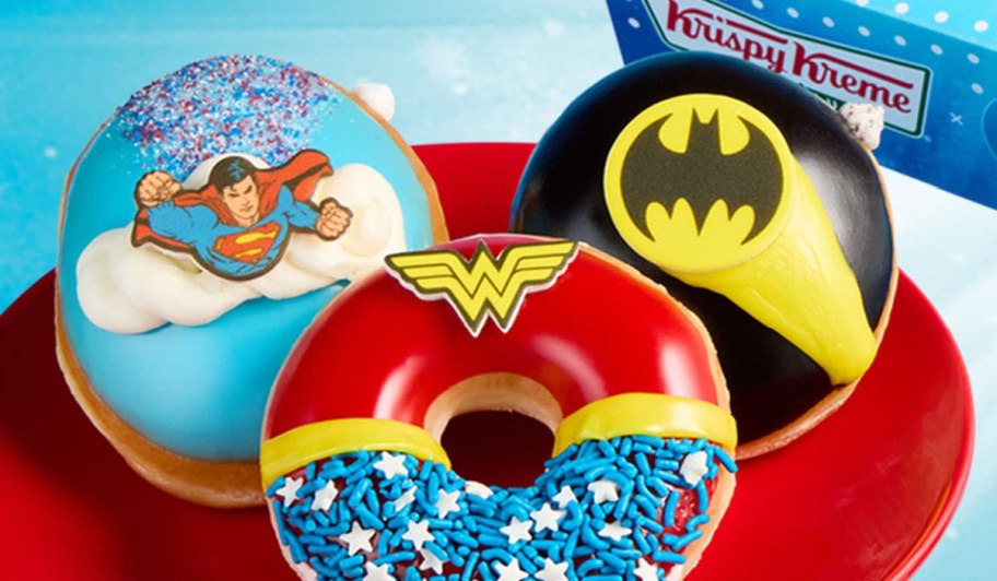 krispy kreme dc heroes doughnuts on a red plate