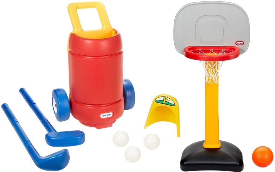 a toy golf set shown with a toy basketball set