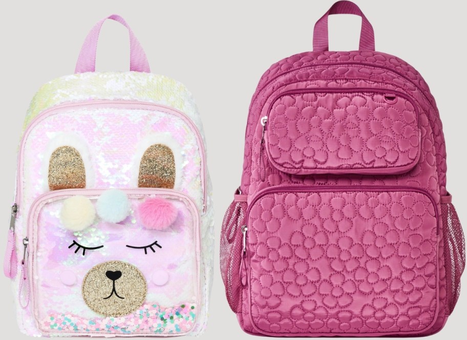 a pink sequined llama backpack and a mauve backpack
