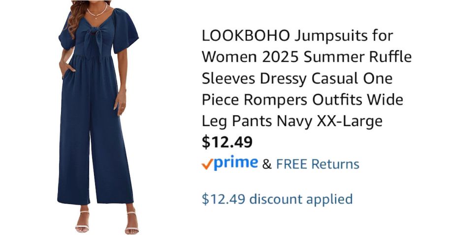 woman wearing navy jumpsuit next to Amazon pricing information