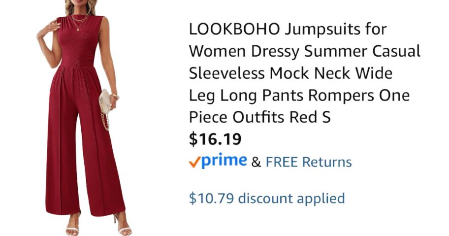 woman wearing red jumpsuit next to Amazon pricing information