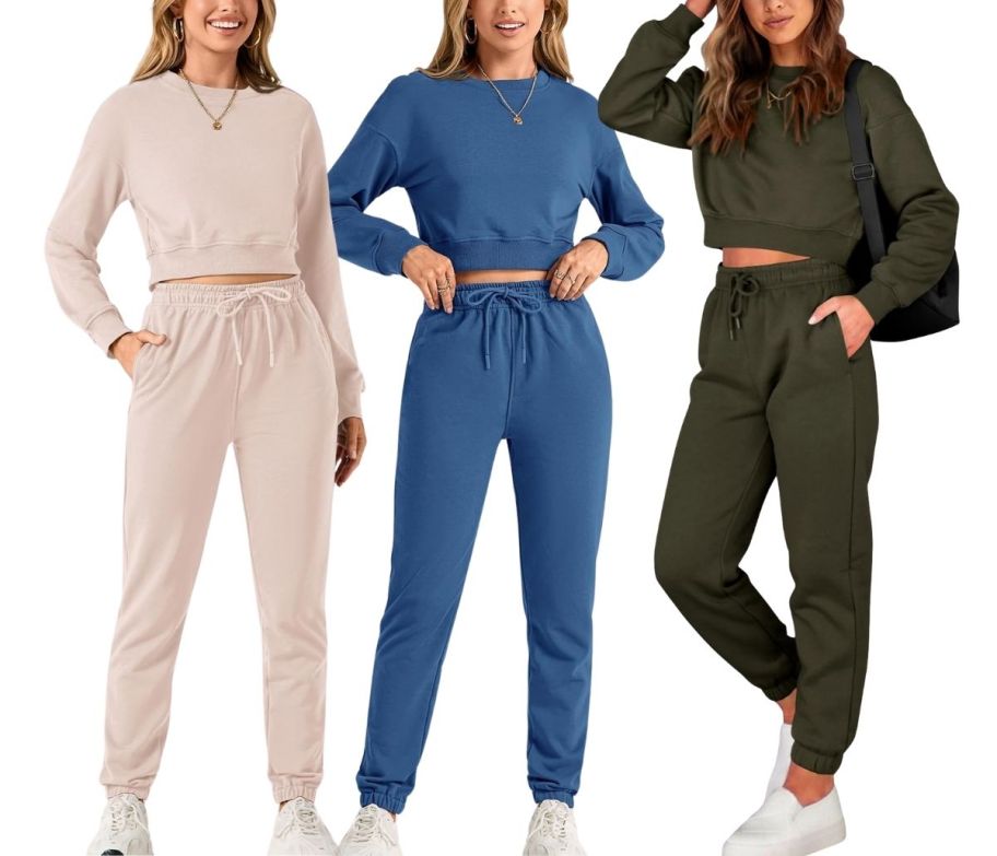 3 models wearing crop top lounger sets in different colors