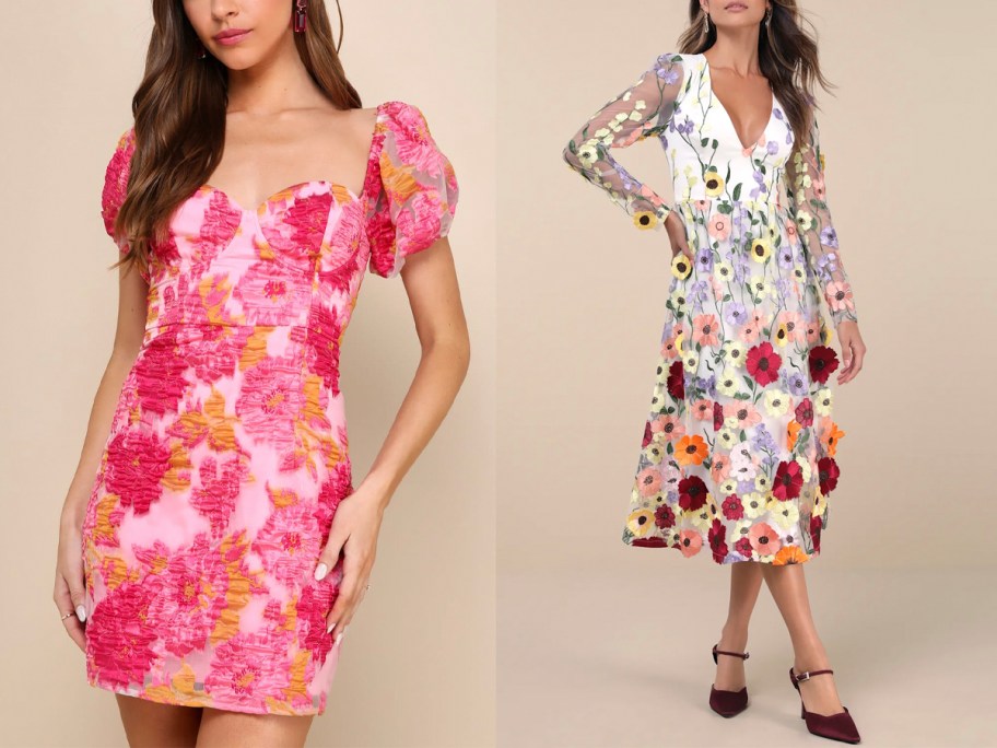 two women wearing pink and white floral dresses 