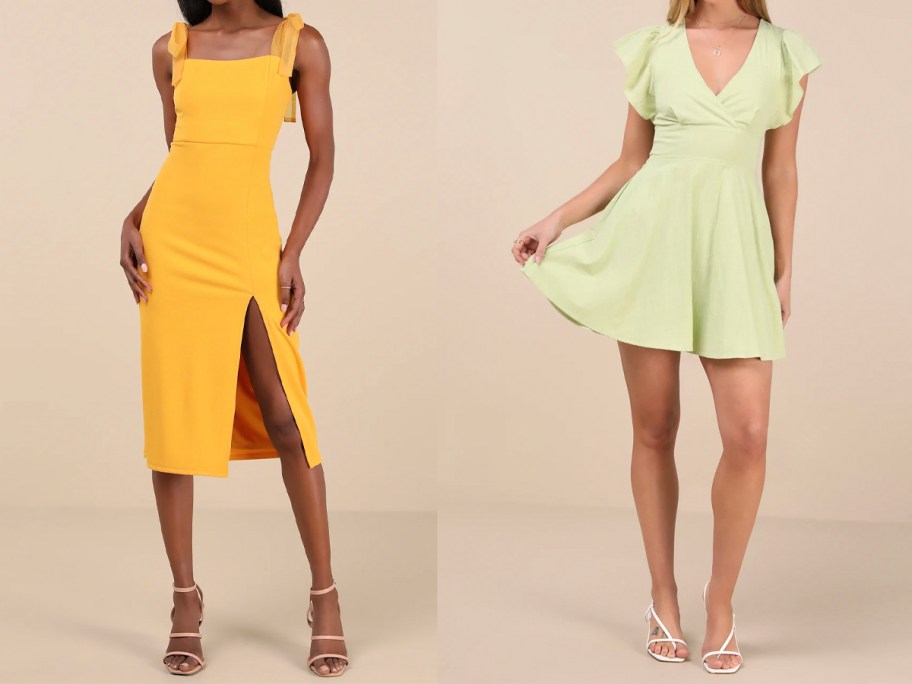 two women wearing yellow and lime green dresses 