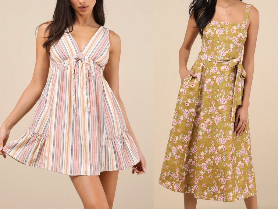 two women wearing striped and floral dresses 