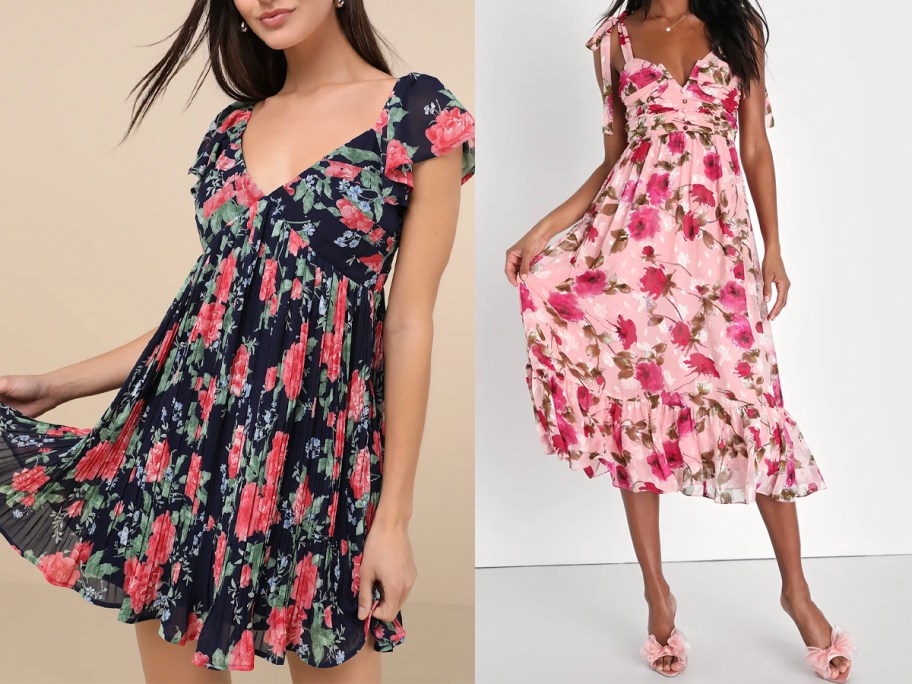 women wearing navy and pink floral dresses 