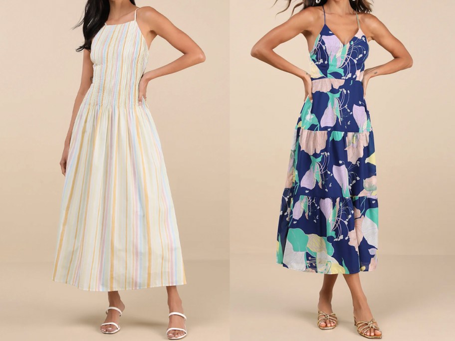 two women wearing striped and floral dresses