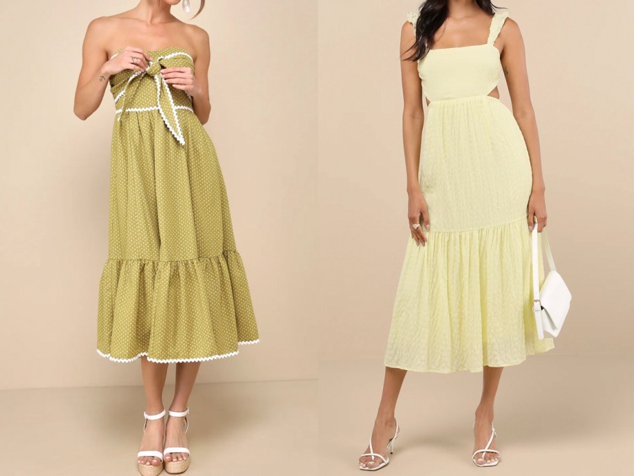 two women wearing green flowy dresses