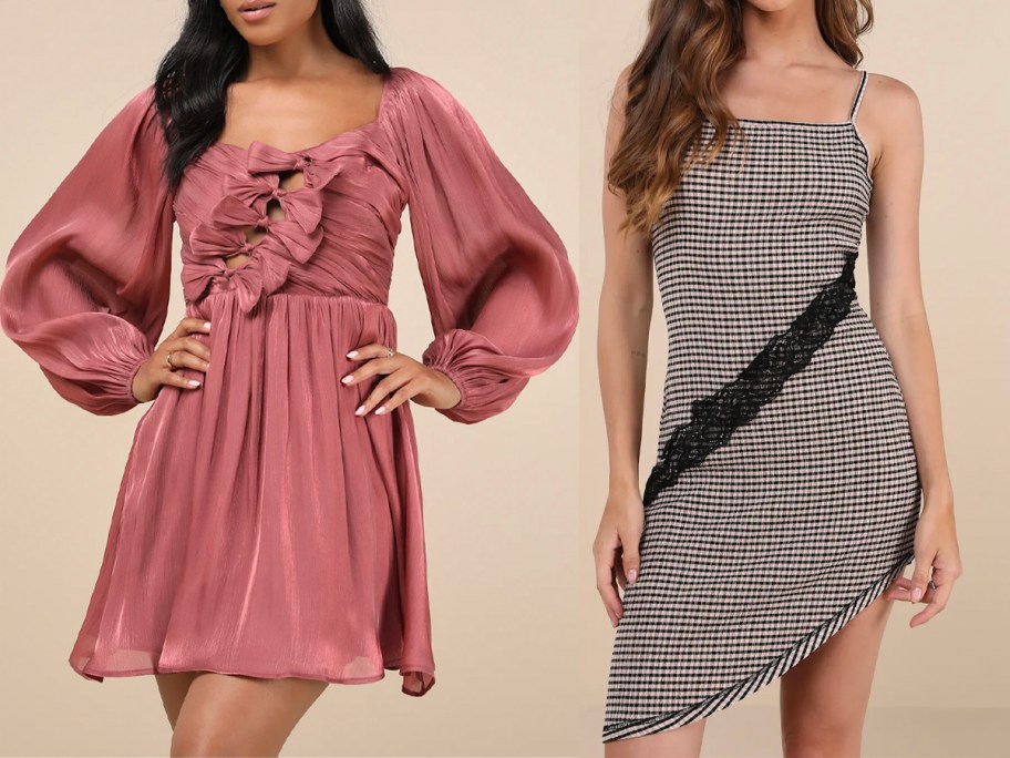 two women wearing pink and blacka nd white dresses