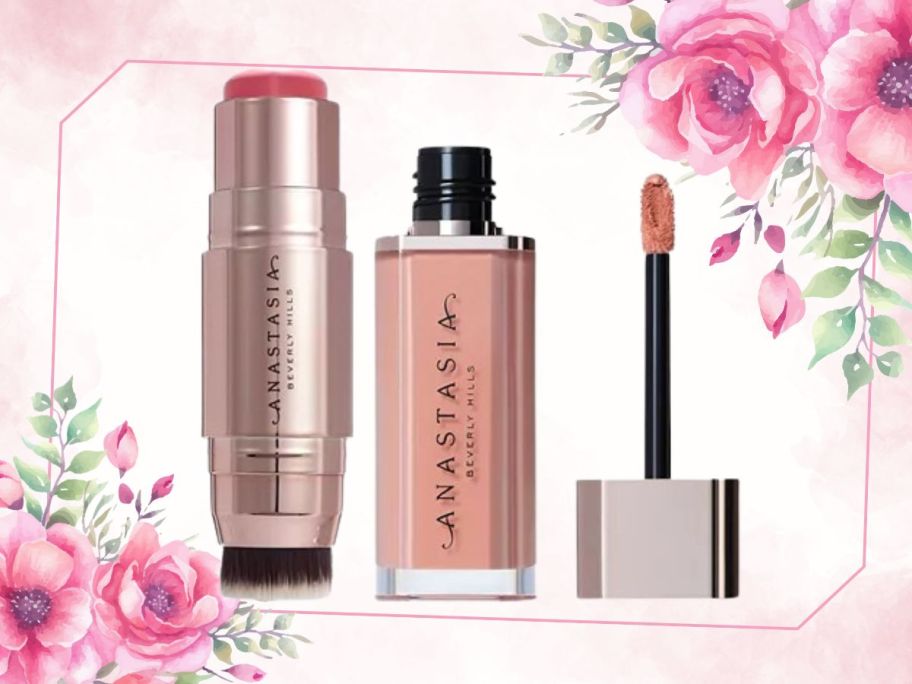 Anastasia Beverly Hills 2-Piece Blushed Lip & Cheek Set with flower background