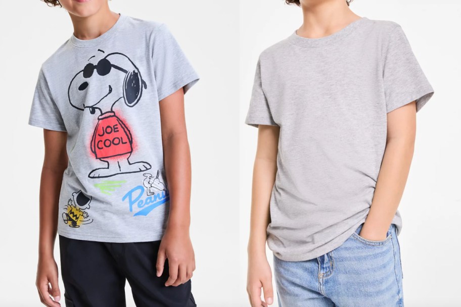 boys in snoopy and grey t shirt